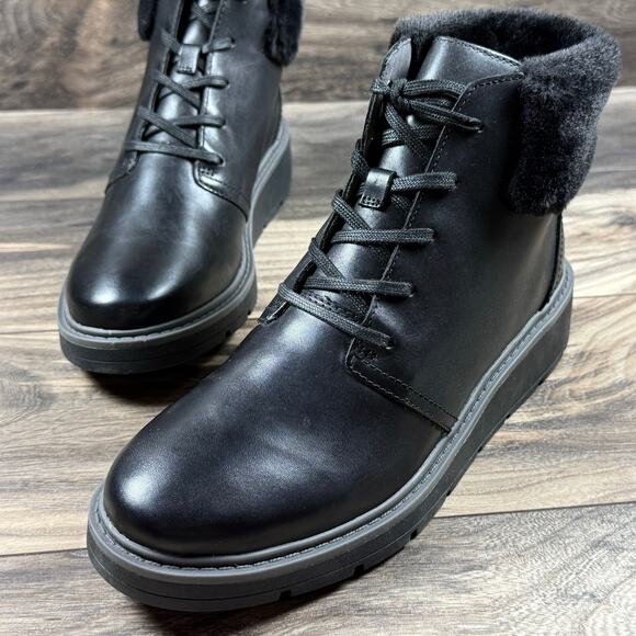 Clarks Leighly Lace 8.5M Black Leather Faux Fur Cuff Comfort Ankle Boots Booties - Picture 4 of 10
